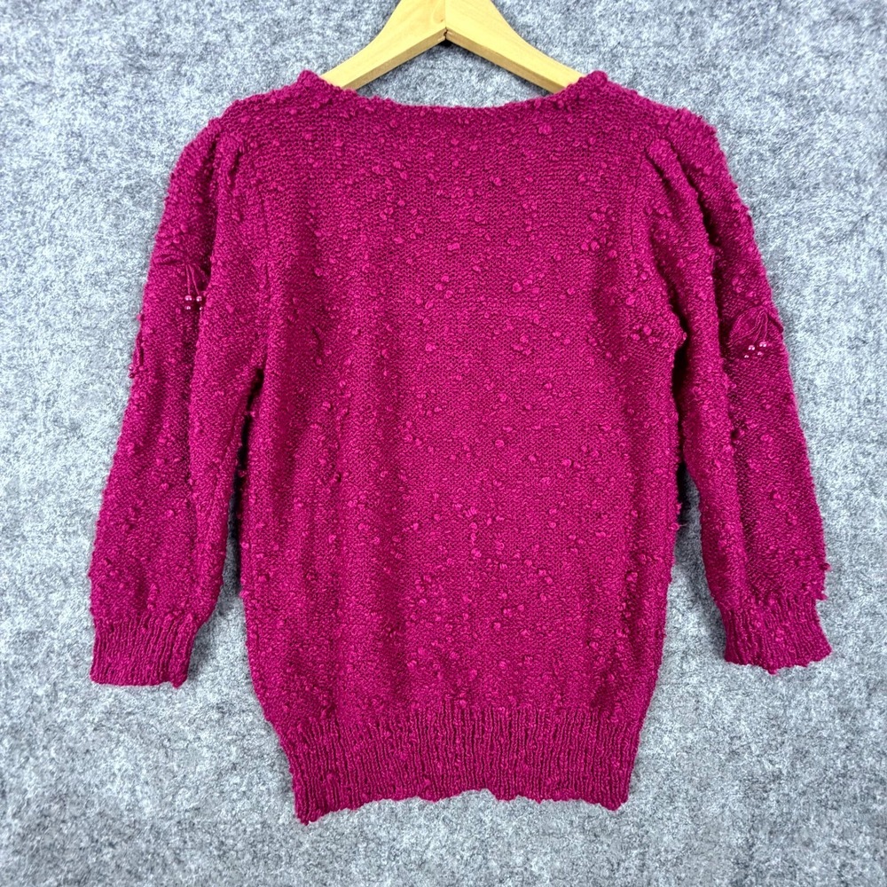 Vintage Leroy Knitwear Sweater Womens Small Pink Beaded 3D Cherries Grandma Chic - Picture 2 of 7
